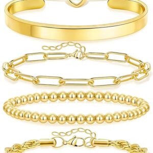 Gold Bracelets for Women Non Tarnish, 14K Gold Plated Chunky Cuff Bracelet Gold Bangles Bracelet for Women Trendy Tie Knot Cuban Rope Paperclip Beaded Bracelet Stack Jewelry Gifts